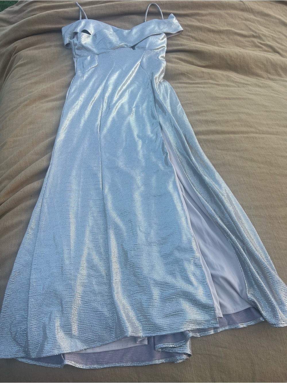 R&M Richards Shimmery Gold Off Shoulder Maxi Dress Wedding Guest Size 10 Petite
